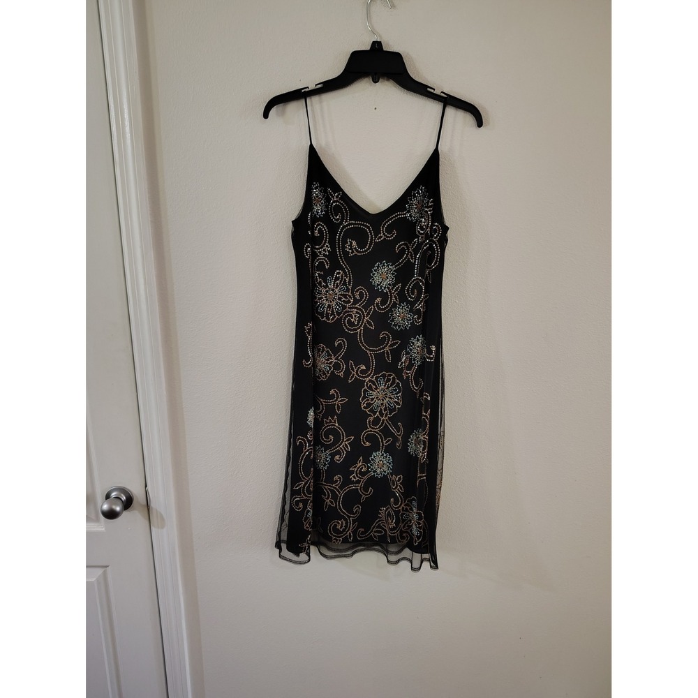 Anne Klein Black Beaded Floral Mesh Overlay Cocktail Dress 10 Spaghetti Strap